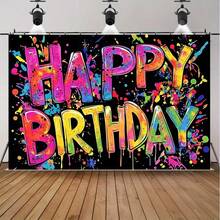 1pc YSW 1pc Vibrant Graffiti Birthday Banner - Graffiti Letters & Background, Polyester Fiber Wall Decor, Suitable For Birthday Party Backdrop, Party Supplies - Multicolor - View 3
