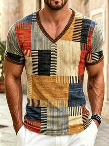 Men's Waffle Knit Digital 3D Print Colorblock Outdoor Sports Casual V-Neck T-Shirt - Multicolor - View 1