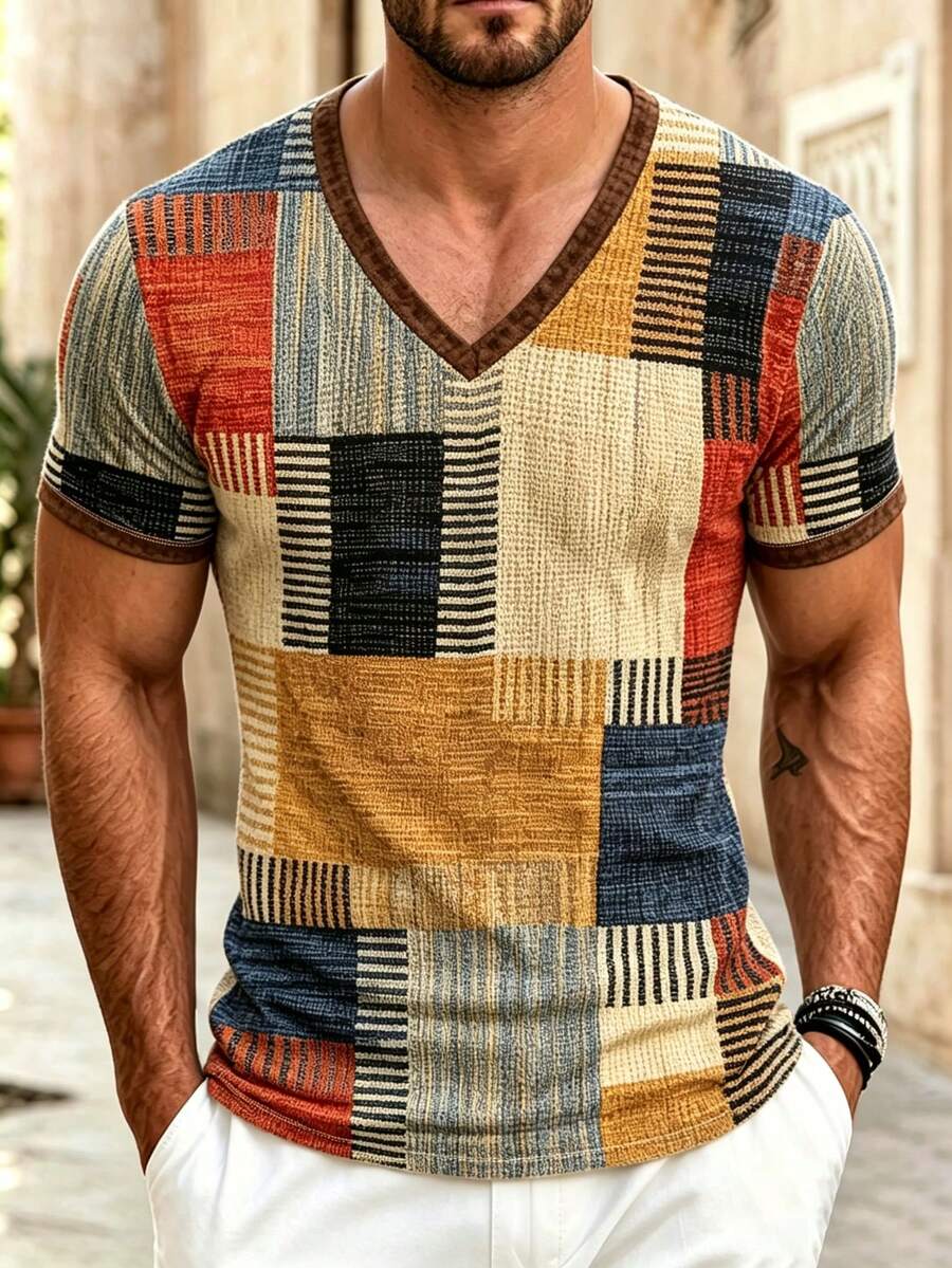 Men's Waffle Knit Digital 3D Print Colorblock Outdoor Sports Casual V-Neck T-Shirt - Multicolor - View 1