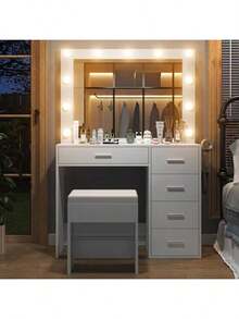 FUSOU 37" LED Makeup Vanity Desk With Mirror, Power Outlet & USB Ports, 3 Dimmable Lights, 5 Drawers, Glass Top & Stool, White - White - View 4