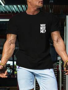 Men's Minimalist Boxing "Why Not Me" Print Crew Neck Short Sleeve Summer Sports T-Shirt, Gym, Gym Outfit Black - Black - View 2