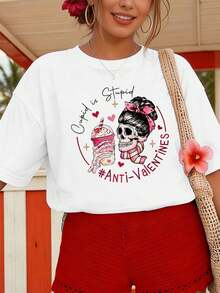 Anti-Valentine's Day Skull Graphic T-Shirt, Soft Cotton, Crew Neck, Loose Fit, Comfortable, Graphic Design - White - View 6