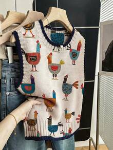 Tank Top Rajut Wanita Motif Ayam Jantan Vintage, Leher Bulat Rajut Bergaris, Potongan Reguler, Cocok untuk Musim Gugur dan Gaya Bohemian - Aprikot - View 2