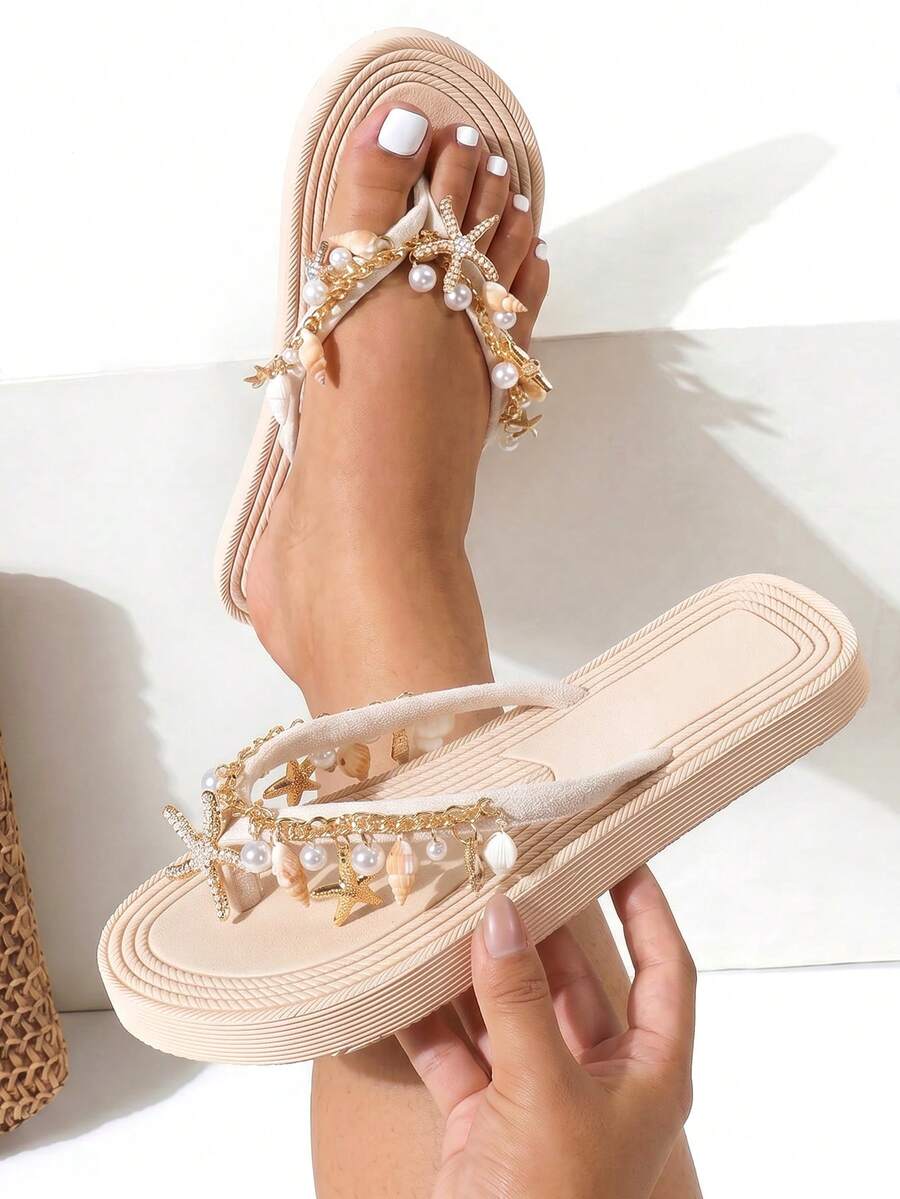 Women's Wide Fit Flat Flip Flop Sandals, Soft Sole, Decorated With Natural Shells, Starfish And Faux Pearl Charms, Casual Soft Summer Beach Style - Beige - View 1