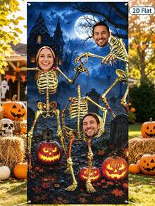 1 pieza Fondo de fotografía con tema de Halloween, patrón de calavera y calabaza, marco de decoración de cabina de fotos para fiesta de Halloween, decoración de Feliz Halloween, decoración de Halloween, decoración del hogar, fiesta de dulces de Halloween, decoración de fondo para fiesta de vacaciones - multicolor - Ver 2