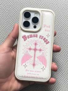 1pc Sweet Cool Pink Devil Cross Phone Case, Soft Leather Full Coverage Shockproof Compatible With Apple 17/16/15/14/13/12 Pro Max, Personalized Niche Subculture Style Accessory, Highly Attractive Gift For Girls, Wear-Resistant Non-Yellowing Soft Edge Hard Back - White - View 4
