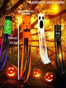 4 piezas Banderas de jardín con temática de Halloween, impresas con patrones de dibujos animados de fantasmas, calabazas, murciélagos y otros monstruos aterradores. Perfectas para decoración colgante al aire libre, letreros de patio de Halloween, o decoraciones de fiesta para el hogar, patio, césped, jardín y pasillo. - color - Ver 2