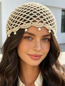 1pc New Bohemian Style Pearl Sequin Crochet Hollow Bead Beanie Hat, High-End Knitted Headwear - Multicolor - View 6