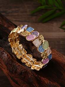 Cring Coco 3Pcs Women Multicolor Pastel Enamel Jewelry Set Golden Tone Chunky Statement Necklace Drop Earrings Open Cuff Bracelet Color Block Matching Jewellery - Geometry 1 - View 7
