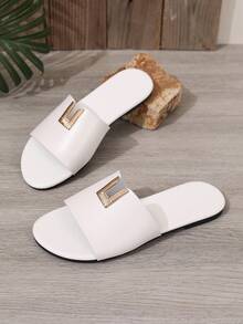 Women's Fashion PU Leather Hollow Out Pure Metal Slip-On Beach Vacation Spring/Summer New Plus Size Slip-On White Flat Sandals - White - View 6