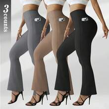 3pcs Women's Flare Leggings With Pockets, Comfortable Soft High Waist Tummy Control Butt Lifting Yoga Pants Sports Fall - Multicolor - View 1