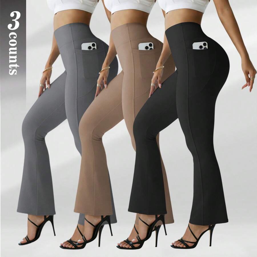 3pcs Women's Flare Leggings With Pockets, Comfortable Soft High Waist Tummy Control Butt Lifting Yoga Pants Sports Fall - Multicolor - View 1