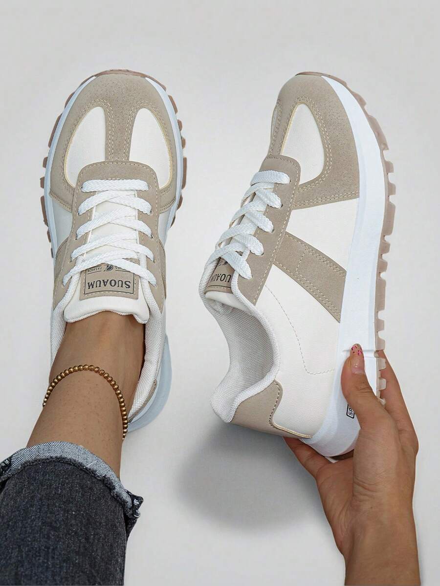 Flipark New Round Toe Lace-Up Colorblock Multi-Functional Fashion Versatile City Outdoor Casual Sports Shoes For Women (Recommended To Buy One Size Up) - Khaki - View 1