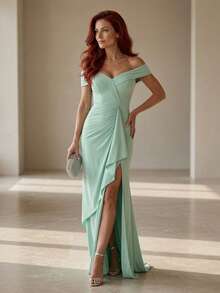 Long Dress In Blue, Green, Red, Marsala, Rose, Olive + Colors For Bridesmaids, Graduates, And Guests, Off-The-Shoulder Style With A Flowing Bodice, Fits Sizes 38 To 42. - Màu xanh Bạc hà - Xem 3