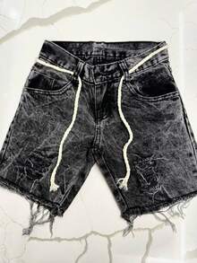 Shorts Bermuda Jeans Infantil Juvenil Rasgado com cordão Grafite Marmorizada Premium - Lavagem escura - Visão 1