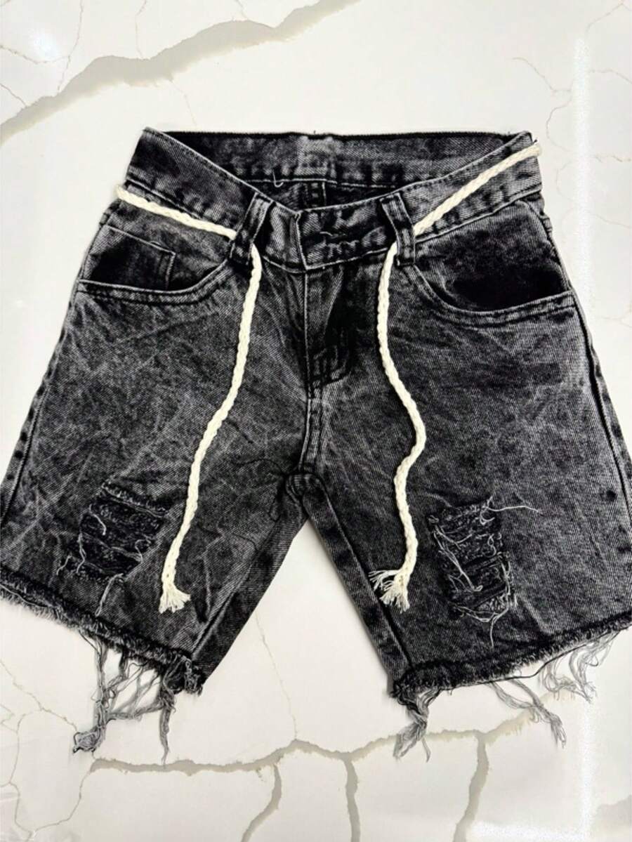 Shorts Bermuda Jeans Infantil Juvenil Rasgado com cordão Grafite Marmorizada Premium - Lavagem escura - Visão 1
