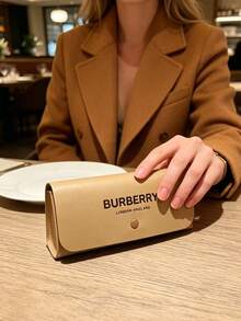 1pc Burberry Hard Artificial Leather Eyeglass Case, Fashion Eyeglass Case With Cleaning Cloth Gift Box Set - Khaki - View 2