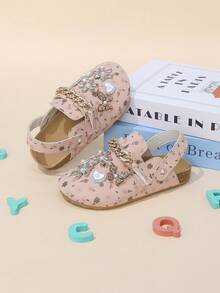 Sandalias cerradas de verano para niñas con flores 3D, mariposas, corazones, strass, cadena dorada e impresión, rosa - Rosa - Ver 8