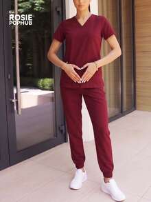 ROSIE POPHUB Women 2Pcs Wine Red V Neck Short Sleeve Scrub Top & Jogger Pants Set Multi Pockets Work Uniform Outfit For Nurse Healthcare - Burgundy - View 2