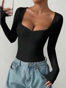 imisic Robe moulante à manches longues et col V froncé. Le col est conçu avec un profond décolleté en V. C'est un vêtement de base ajusté, adapté pour le port en extérieur, avec un effet de mise en forme. Cette robe moulante à manches longues et col V est adaptée pour les sports, la maison et les activités quotidiennes. - Noir - Voir 8