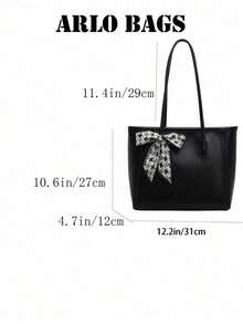 Tas Tote Besar Klasik Elegan dengan Aksesori Syal Bermotif Kotak-kotak yang Dapat Dilepas, Tas Bahu Serbaguna untuk Acara Bisnis, Kasual, dan Sehari-hari - Hitam - View 2