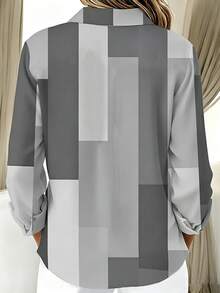 Vintage Casual Geometric Color Block Print Women's Long Sleeve Button-Up Shirt - Grey - View 2