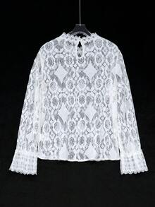 Women Stand Collar Patchwork Lace Long Sleeve Elegant Hollow Out TopCasual White Spring Fall - White - View 7