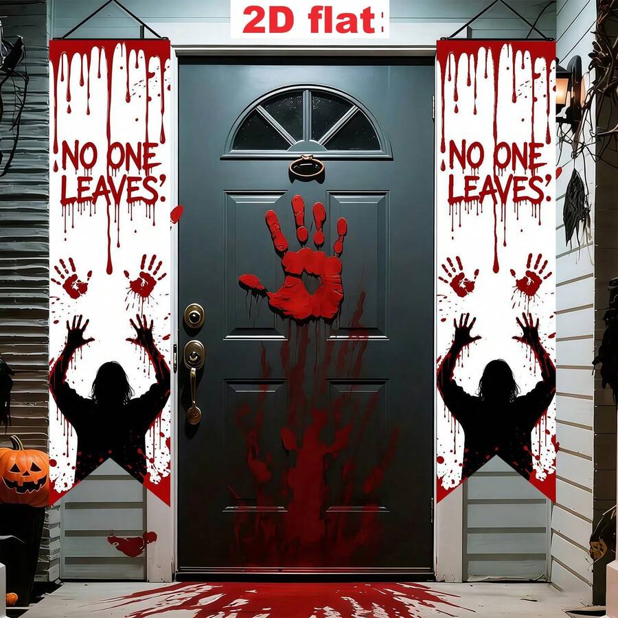 2pcs Halloween Porch Banner, Blood Hand Zombie Skeleton Witch Gothic Hanging Flag, Front Door Decor, Indoor Outdoor Yard Garage Farmhouse Horror Party Decor, Spooky Creepy Scary Gothic Holiday Supplies, Halloween Themed Decorative Hanging Banner