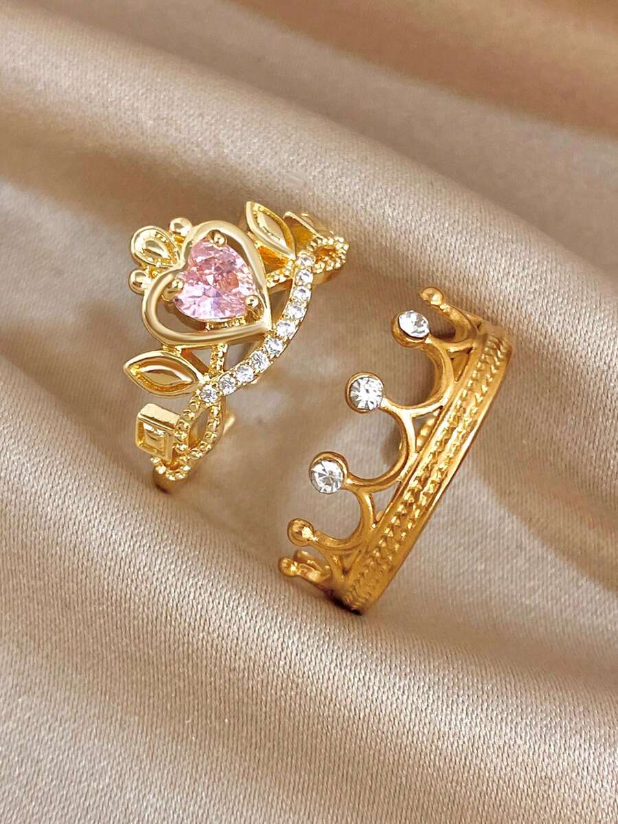 1Pc/Set Luxuy Sweet Gold Plated Round Zirconia Heart Crown Rings Set, Gold Jewelry Gift, For Daily Party Birthday Valentine's Day, Boho/Y2K Accessories - Multicolor - View 1
