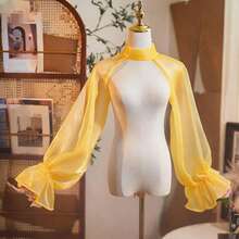 1pc White High-Quality Starry Mesh Bridal Detachable Puff Sleeve, Lotus Sleeve Cuff, Avant-Garde Neck Hanging Sleeve Decor Gloves - White - View 8