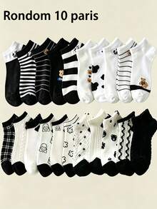 10 Pares de Meias Femininas Minimalistas Personalizadas em Preto & Branco, Meias Curtas Esportivas Casuais de Corte Baixo Fofas Adequadas para Uso Diário (1/5/10/15/20 Pares) - Multicolorido - Visão 4