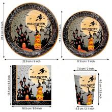 10/20/50/80pcs Halloween Horror Party Tableware Set, Haunted House Witch Flying Pumpkin Layered Paper Plates Cups Napkins, Halloween Disposable Plates, Pumpkin Lantern, Witch, Castle And Spider Web Pattern, Halloween Trick Or Treat Horror Decoration Supplies - View 7