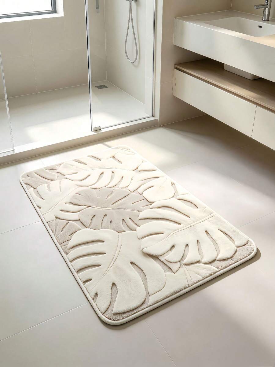 Cream Monstera Leaf Bathroom Rug, Minimalist Cream Style Non-Slip Bathroom Mat, Fluffy Soft Plush, Comfortable Foot Feel Faux Cashmere Soft Mat, Non-Slip Bottom, Versatile Soft Door Mat, Makeup Mat, Cozy Entryway Mat, Bathroom Bath Mat, Bathtub Mat, Home Bedroom, Window Sill Mat, Bedside Rug, Washing Machine Mat, Machine Washable. Note: There May Be Creases During Packaging And Shipping, The Product Is Printed With A White Bottom, Short Plush, Please Consider Carefully Before Purchasing. - Apricot - View 1