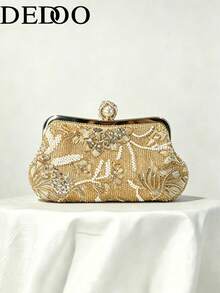 Women Evening Clutches,Floral Leaf Beaded Sequin Embroidery Pattern,Vintage Luxe Bridal Style For Wedding Gala Cocktail Party ,Random Cutting Position - Gold - View 1