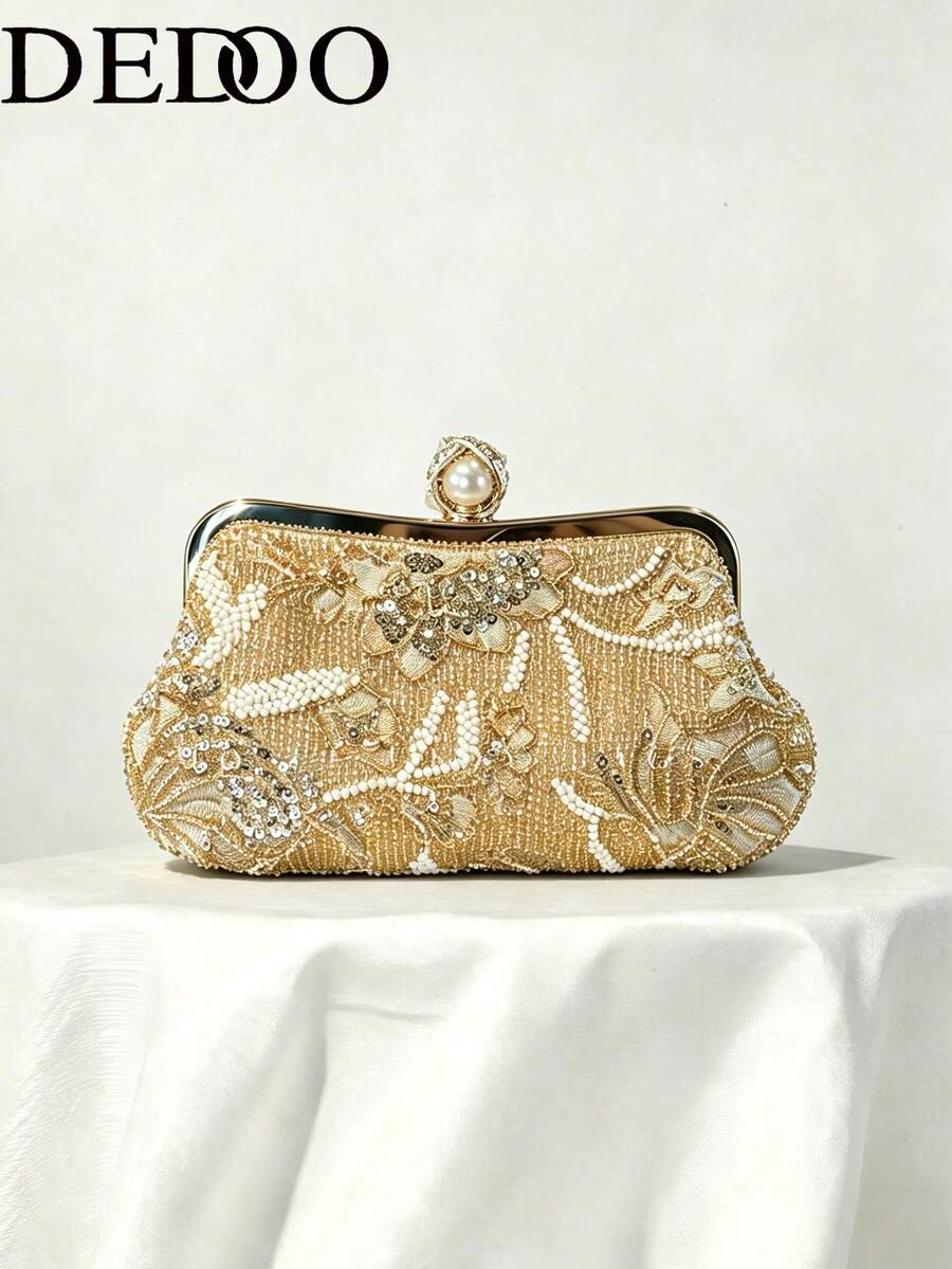 Women Evening Clutches,Floral Leaf Beaded Sequin Embroidery Pattern,Vintage Luxe Bridal Style For Wedding Gala Cocktail Party ,Random Cutting Position - Gold - View 1