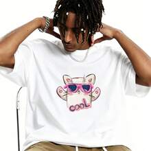 Casual Street Style Men's T-Shirt, Pink Sunglasses Cool Cat Graphic, Summer Daily Wear, 100% Cotton, Fun Animal Print Tee - White - View 2