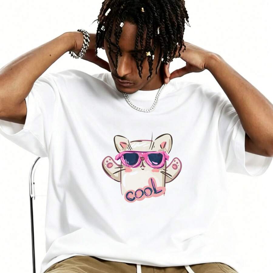 Casual Street Style Men's T-Shirt, Pink Sunglasses Cool Cat Graphic, Summer Daily Wear, 100% Cotton, Fun Animal Print Tee