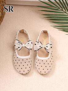 Girls' Polka Dot Mesh Bow Mary Jane Flats, Comfortable & Breathable, Elegant & Versatile, Suitable For Daily And Outdoor Wear - Beige - View 3