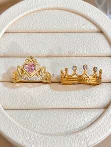 1Pc/Set Luxuy Sweet Gold Plated Round Zirconia Heart Crown Rings Set, Gold Jewelry Gift, For Daily Party Birthday Valentine's Day, Boho/Y2K Accessories - Multicolor - View 2