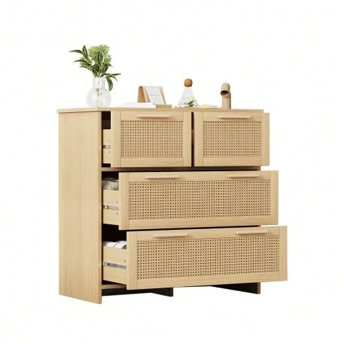High-Quality Rattan Storage Unit With 4 Drawers And Solid Wood Handles - Suitable For The Bedroom, Living Room, Dining Room, Hallway - Dimensions: W 80 X H 80 X D 38 Cm - Natural Color - View 1
