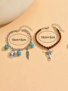 2pcs/Set Western Cowboy Style Personalized Bracelet With Turquoise Pendant, Versatile Fashion Hat & Bull Head Decor, Handmade Braided Rope Boots Pendant Bracelet, Women's Hand Jewelry Suitable For Photography And Travel - Multicolor - View 4