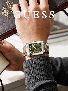 Guess Women's Quartz Rectangular Watch Two-Tone Gold Silver Case Emerald Green Dial Roman Numerals Minimalist Elegant Accessory For Boardroom Meetings - Silver - View 2