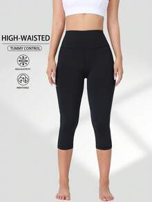 Spring Summer Autumn Women's High Waist Side Pocket Capris, Elastic Sports Leggings For Running And Workout, Leisure Black - Black - View 4