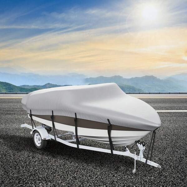 Bootsabdeckung, 5180–5790 mm, trailerbar, wasserdicht, 600D Marine-Qualität PU Oxford, mit Motorabdeckung und Gurten, für V-Rumpf, Tri-Rumpf, Angel- und Skiboote, Runabouts und Bassboote, Grau
