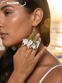 Wear The Ocean On Your Ears | Bohemian Blue Rose Cluster Women's Earrings Handmade Fabric 3D Flowers + Fresh Green Leaves Beach Vacation Style Photo Prop Skin-Brightening Stunning Earrings - White 2 - View 3
