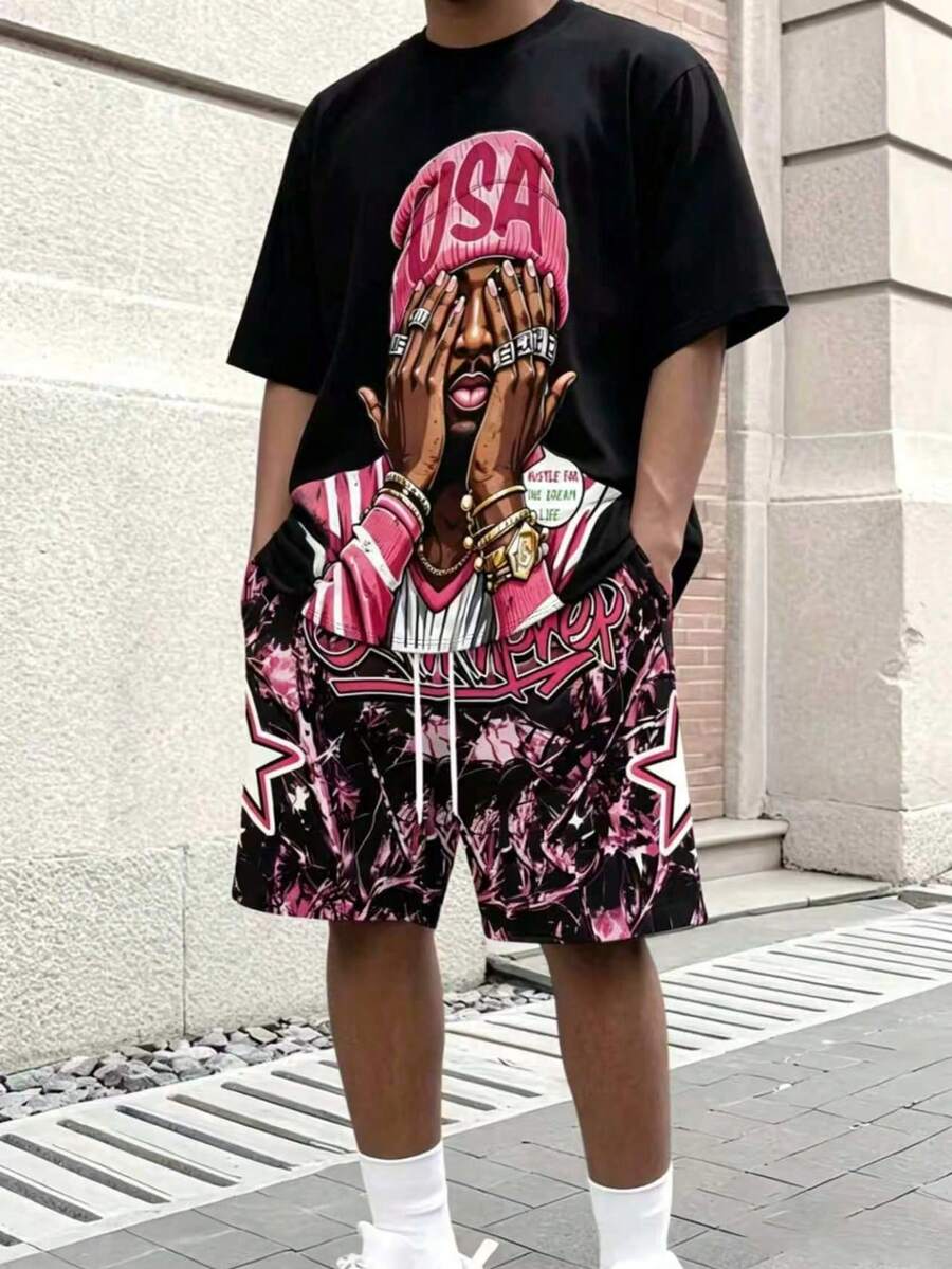 Men's Casual Round Neck Short Sleeve Shorts 2 Pieces Set - Multicolor - View 1