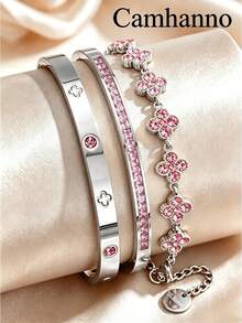 Camhanno 3pcs/1pc Luxury 3-Color Zirconia Clover 3 PiecesBracelet & Bangle Set, 18K Gold Plated Stainless Steel, Hypoallergenic, Non-Fading, Waterproof, Rust-Resistant Women's Accessories - Silver 2 - View 10