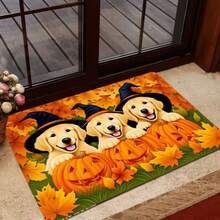 1 pieza Alfombra pequeña con diseño de cachorro de calabaza, alfombra de entrada de Halloween, decoración del hogar, alfombra de sala de estar, alfombra pequeña de sala de estar, alfombra de dormitorio, decoración del hogar de sala de estar, alfombra de exterior, alfombra lavable - Multicolor - Ver 2