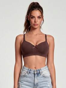 1pc Women's Comfortable Wireless Soft Cup Solid Color Cotton Sleep Bra - Coffee Brown - View 1