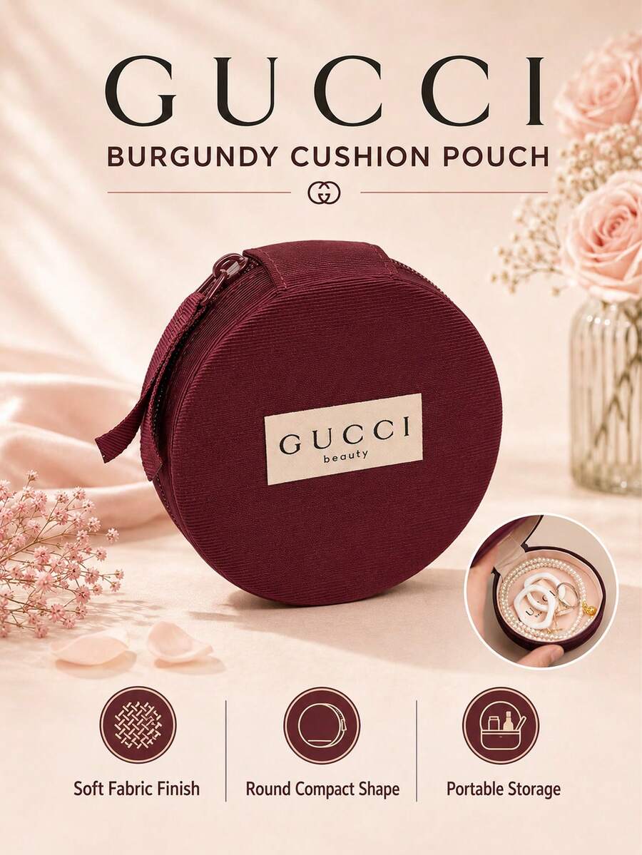 Gucci Red Cushion Bag, 8.5CM/3.34IN*8.5CM/3.34IN, Vertical Striped Fabric, Zipper Closure With Strap, Compact And Portable, Versatile Storage